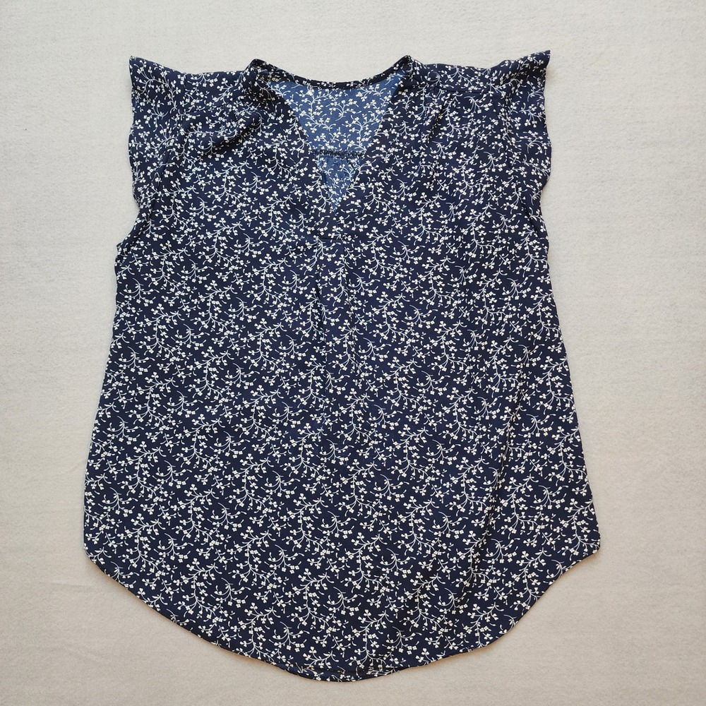 Navy‎ Blue Floral V-Neck Flutter Sleeve Blouse Top Medium RN 51323
